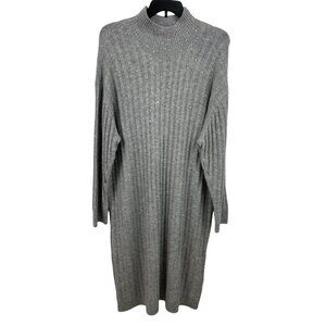 Ophelia Roe Gray Ribbed Knit Sweater Dress Sequins & High Neckline Womens Size 3